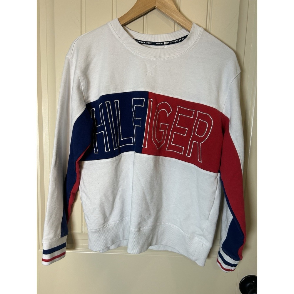 Tommy Hilfiger Sport Sweatshirt Women's White Red Blue Colorblock LOGO Preppy M